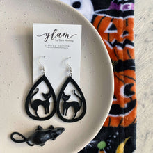 Load image into Gallery viewer, black cat Dark and Spooky halloween earrings on silver hooks and hoops
