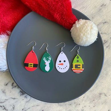 Christmas Character Mini leather earrings.  Rudolph, Snowman, Santa and Elf on silver coloured hooks. 