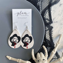 Load image into Gallery viewer, Leather halloween earrings inspired by iconic Horror movies on silver hooks and hoops freddy krueger
