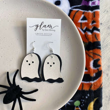 Load image into Gallery viewer, Dark and Spooky halloween earrings on silver hooks and hoops ghost double layer
