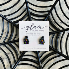 Load image into Gallery viewer, Creepy but Cute halloween earrings on silver hooks and hoops haunted house stud
