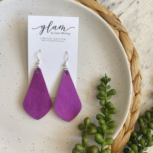 metallic purple diamond drop leather earrings