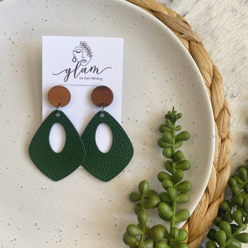 Winter Green leather kite shaped earrings with a timber stud.