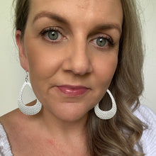 Load image into Gallery viewer, Silver Open Teardrop leather earrings with a silver coloured hook
