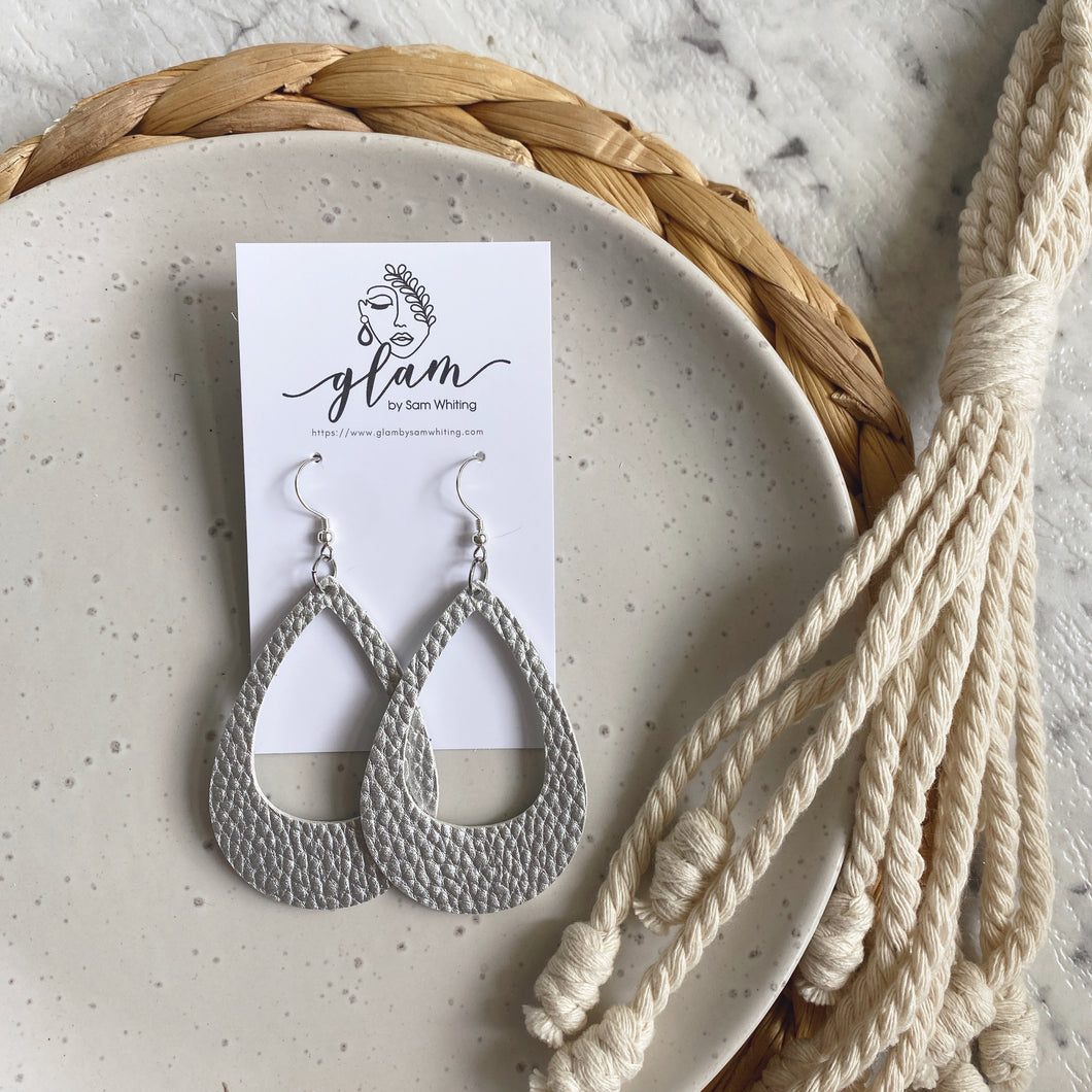 Silver Open Teardrop leather earrings with a silver coloured hook