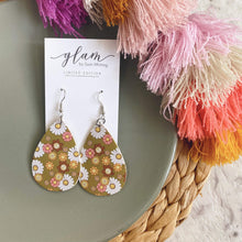 Load image into Gallery viewer, Groovy 70&#39;s 60s floral teardrop leather earrings on a silver coloured hook. 
