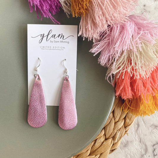 Girl Power Pink Metallic Droplet leather earrings on a silver coloured hook. 