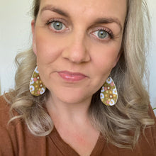 Load image into Gallery viewer, Groovy 70&#39;s 60s floral teardrop leather earrings on a silver coloured hook. 
