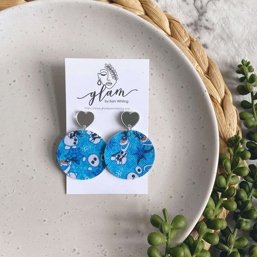 olaf frozen earrings leather and acrylic studs