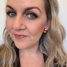 Load image into Gallery viewer, candy corn stud Creepy but Cute halloween earrings on silver hooks and hoops
