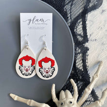 Load image into Gallery viewer, Leather halloween earrings inspired by iconic Horror movies on silver hooks and hoops IT pennywise
