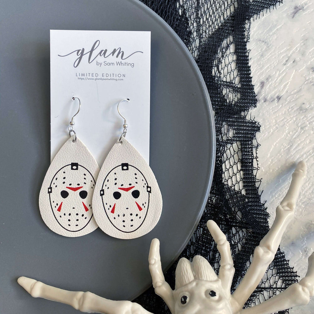 Leather halloween earrings inspired by iconic Horror movies on silver hooks and hoops jason