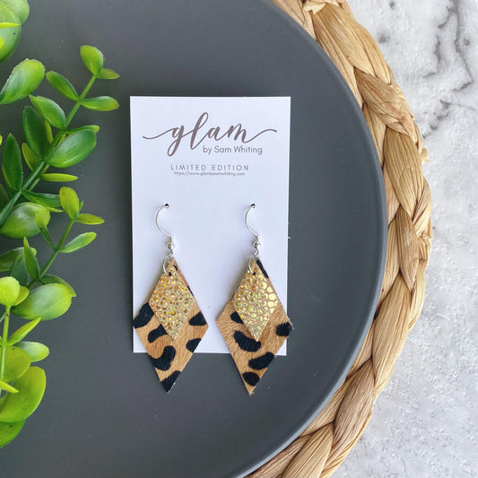 gold holo and leopard diamond leather earrings