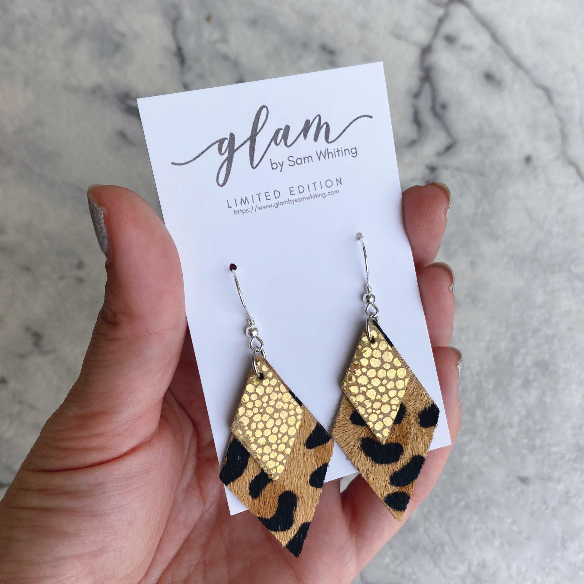 gold holo and leopard diamond leather earrings