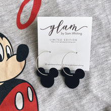 Load image into Gallery viewer, mickey mouse leather earrings on hoops
