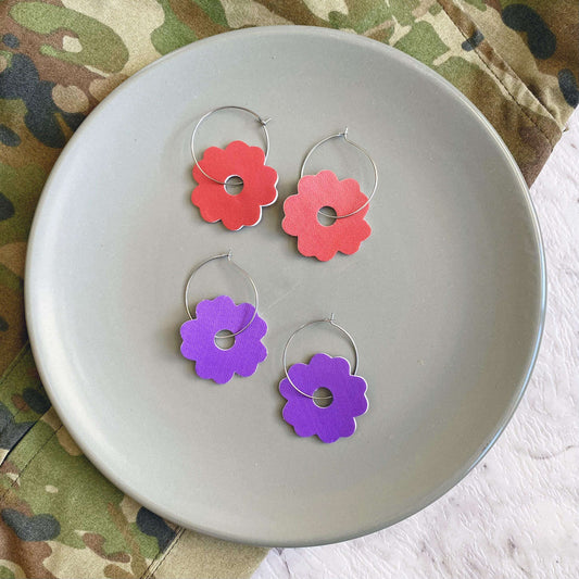 Red and Purple Poppy hoops. Double sided faux leather with silver coloured hoops.