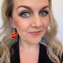 Load image into Gallery viewer, Creepy but Cute halloween earrings on silver hooks and hoops pumpkin
