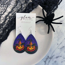 Load image into Gallery viewer, Halloween teardrop earrings on a silver coloured hook pumpkin
