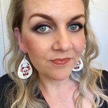 Load image into Gallery viewer, Leather halloween earrings inspired by iconic Horror movies on silver hooks and hoops saw movie

