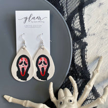 Load image into Gallery viewer, Leather halloween earrings inspired by iconic Horror movies on silver hooks and hoops scream ghost 
