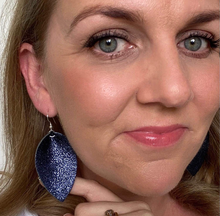 Load image into Gallery viewer, Navy blue metallic petal earrings. Leather with silver coloured hooks
