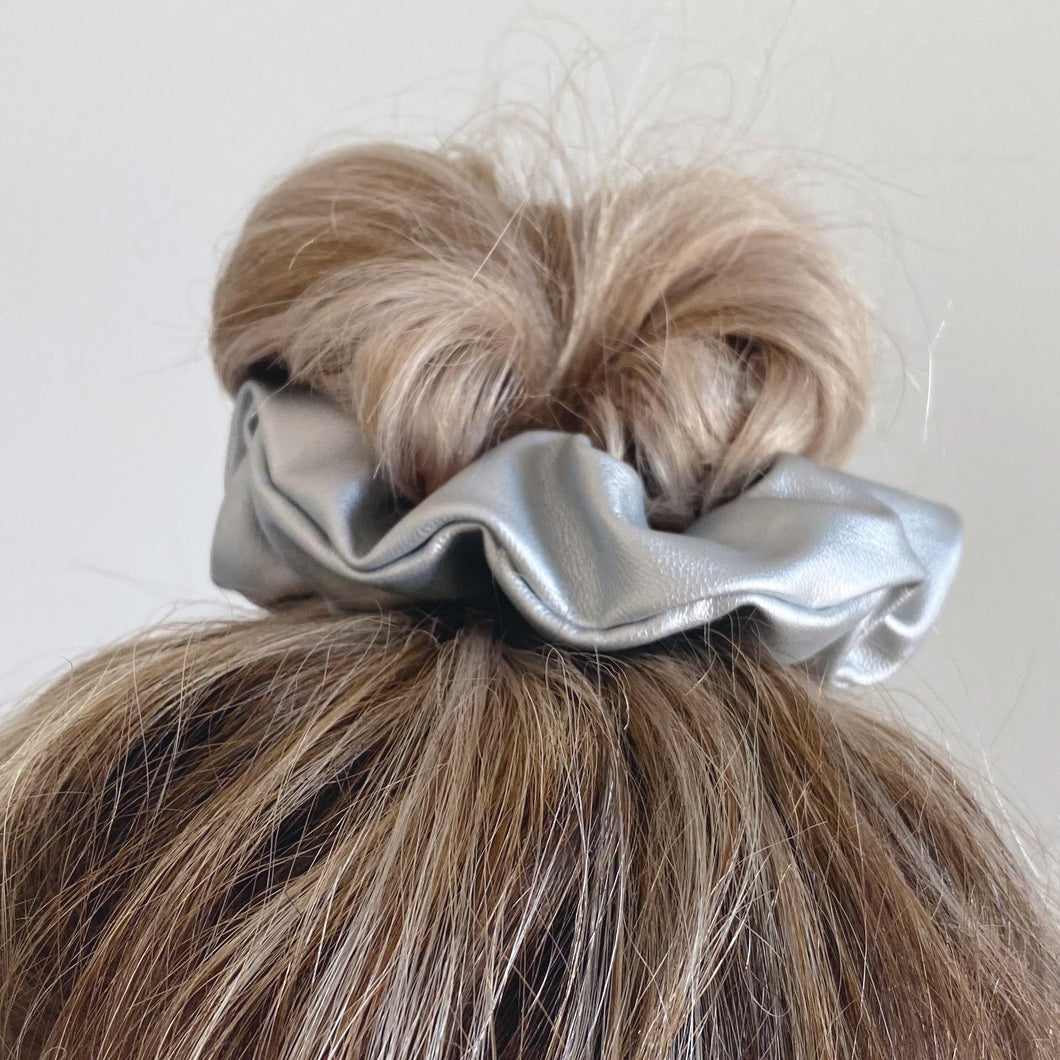 Silver faux leather hair scrunchie in top knot