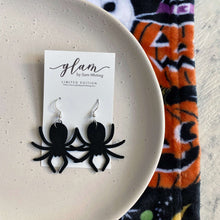 Load image into Gallery viewer, Dark and Spooky halloween earrings on silver hooks and hoops spider
