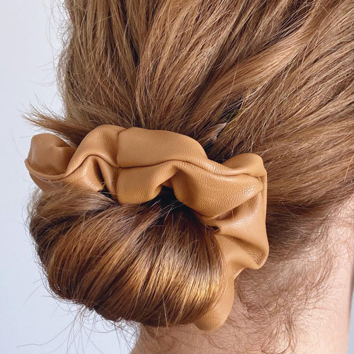 Tan faux leather hair scrunchie low bun