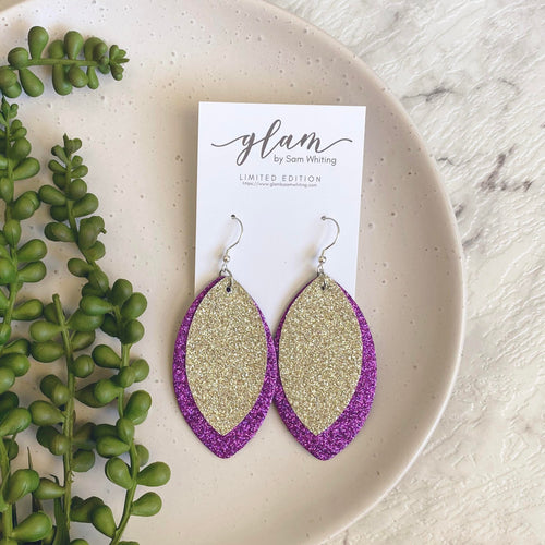 purple and silver sparkle leaf leather earrings