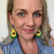 Load image into Gallery viewer, Kangaroo Road Sign leather earrings on a gold coloured hook.  Inspired by the Iconic Australian roadsigns. Australia day earrings
