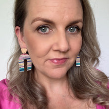 Load image into Gallery viewer, Beach Arch Stud Dangle leather earrings with a silver coloured hook. 
