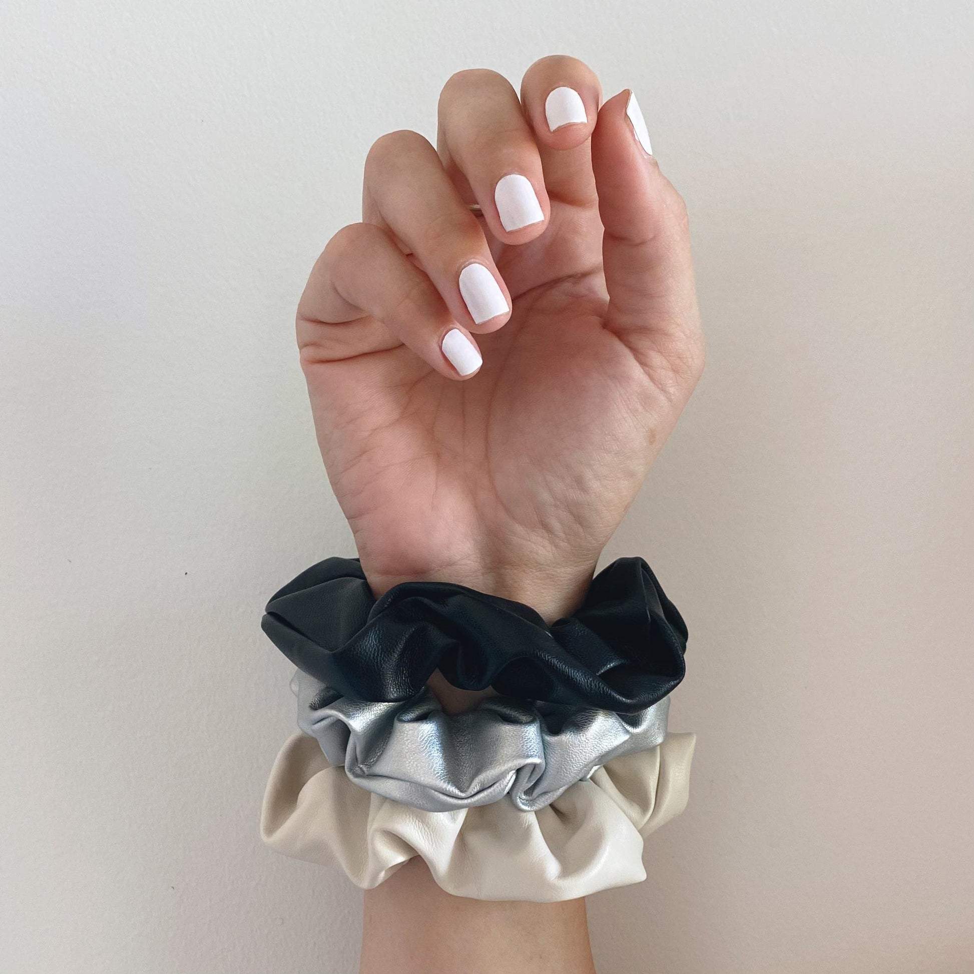 Black cream and silver faux leather hair scrunchie