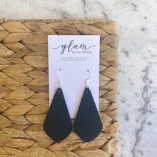 Load image into Gallery viewer, Black diamond drop leather earrings with silver coloured hook.
