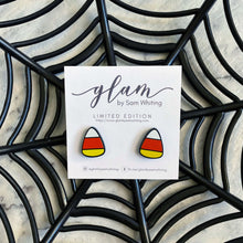 Load image into Gallery viewer, Creepy but Cute halloween earrings on silver hooks and hoops candy corn stud
