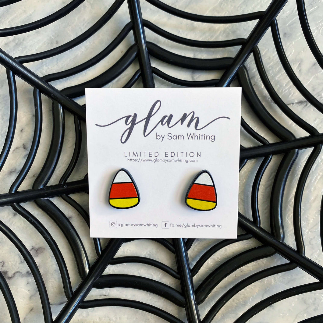 Creepy but Cute halloween earrings on silver hooks and hoops candy corn stud