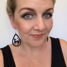 Load image into Gallery viewer, Dark and Spooky halloween earrings on silver hooks and hoops black cat
