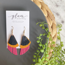 Load image into Gallery viewer, colour blocked, triple layer feathered leather earrings featuring a gold coloured hook.
