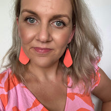 Load image into Gallery viewer, Coral suede look diamond drop leather earrings selfie

