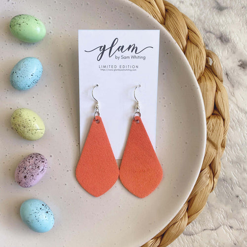 Coral suede look diamond drop leather earrings