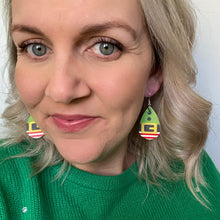 Load image into Gallery viewer, Christmas Character Mini leather earrings.  Rudolph, Snowman, Santa and Elf on silver coloured hooks. 
