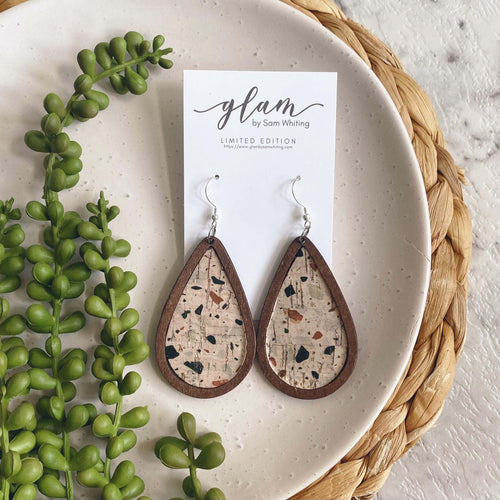 Framed Terrazzo wood and leather earrings with a silver coloured hook.