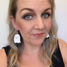 Load image into Gallery viewer, ghost double layer Dark and Spooky halloween earrings on silver hooks and hoops
