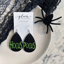 Load image into Gallery viewer, Halloween teardrop earrings on a silver coloured hook hocus pocus
