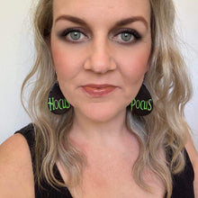 Load image into Gallery viewer, Halloween teardrop earrings on a silver coloured hook hocus pocus
