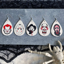 Load image into Gallery viewer, Leather halloween earrings inspired by iconic Horror movies on silver hooks and hoops
