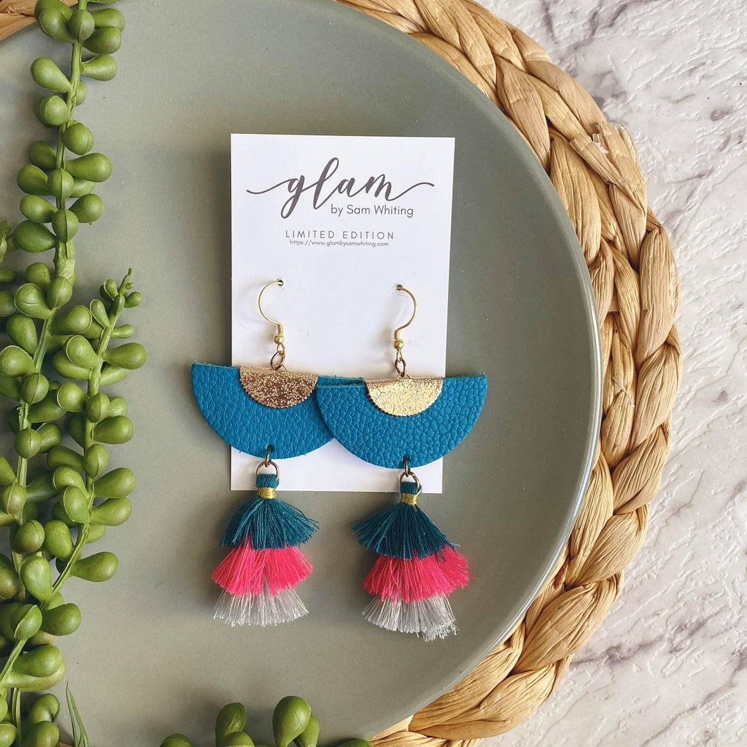 blue party tassels. Leather earrings