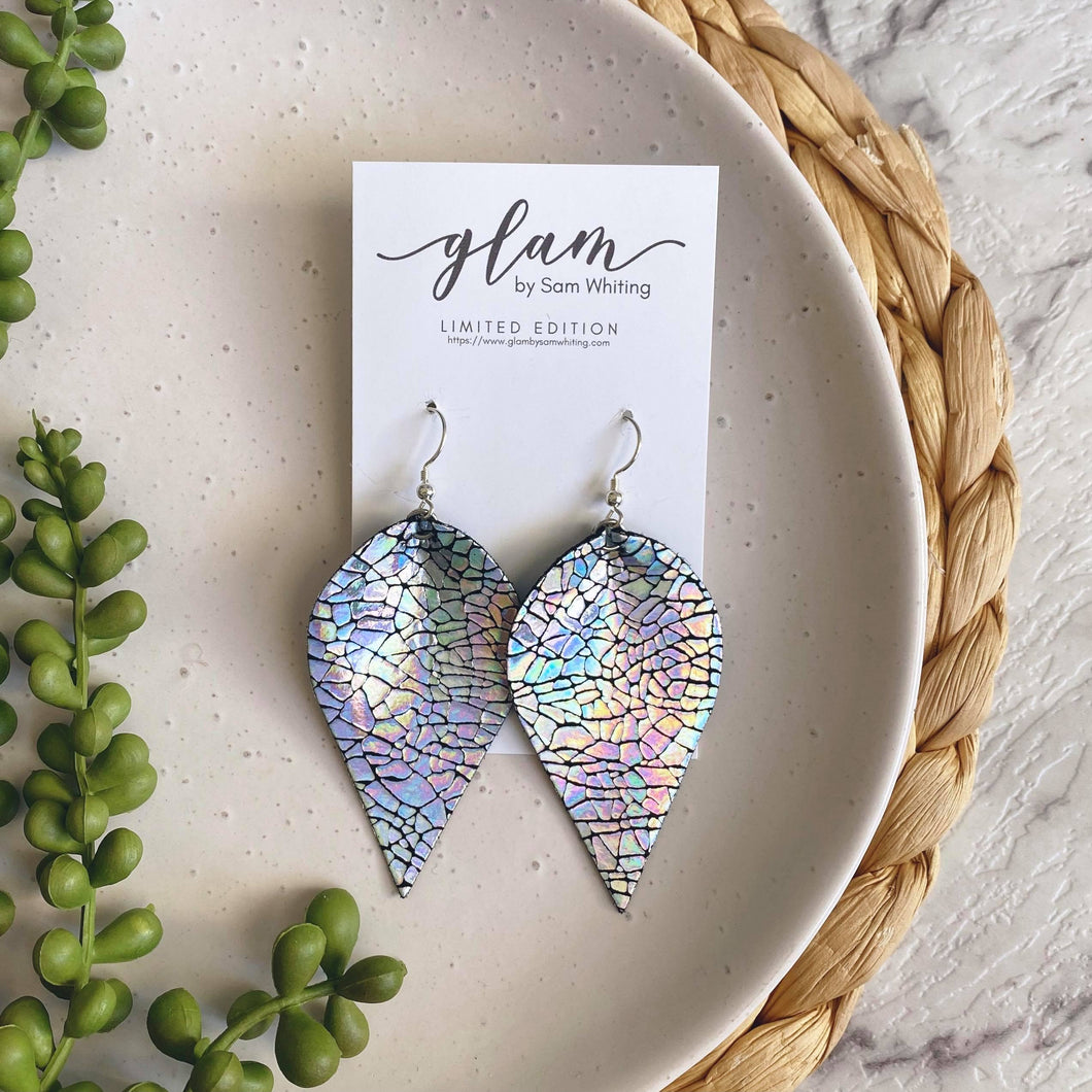 cracked holo petal shaped leather earrings. holographic