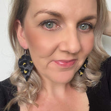 Load image into Gallery viewer, black sparkle leopard petal leather earrings
