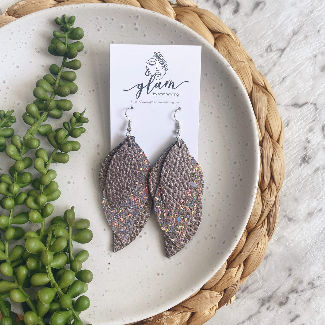 Grey swirl stack leather earrings triple layer sparkle 