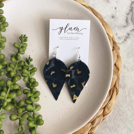 black sparkle leopard petal leather earrings